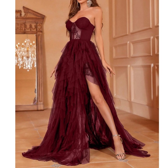 Luxe Strapless Lace Party Holiday Evening Formal Wedding Party - Picture 5 of 15